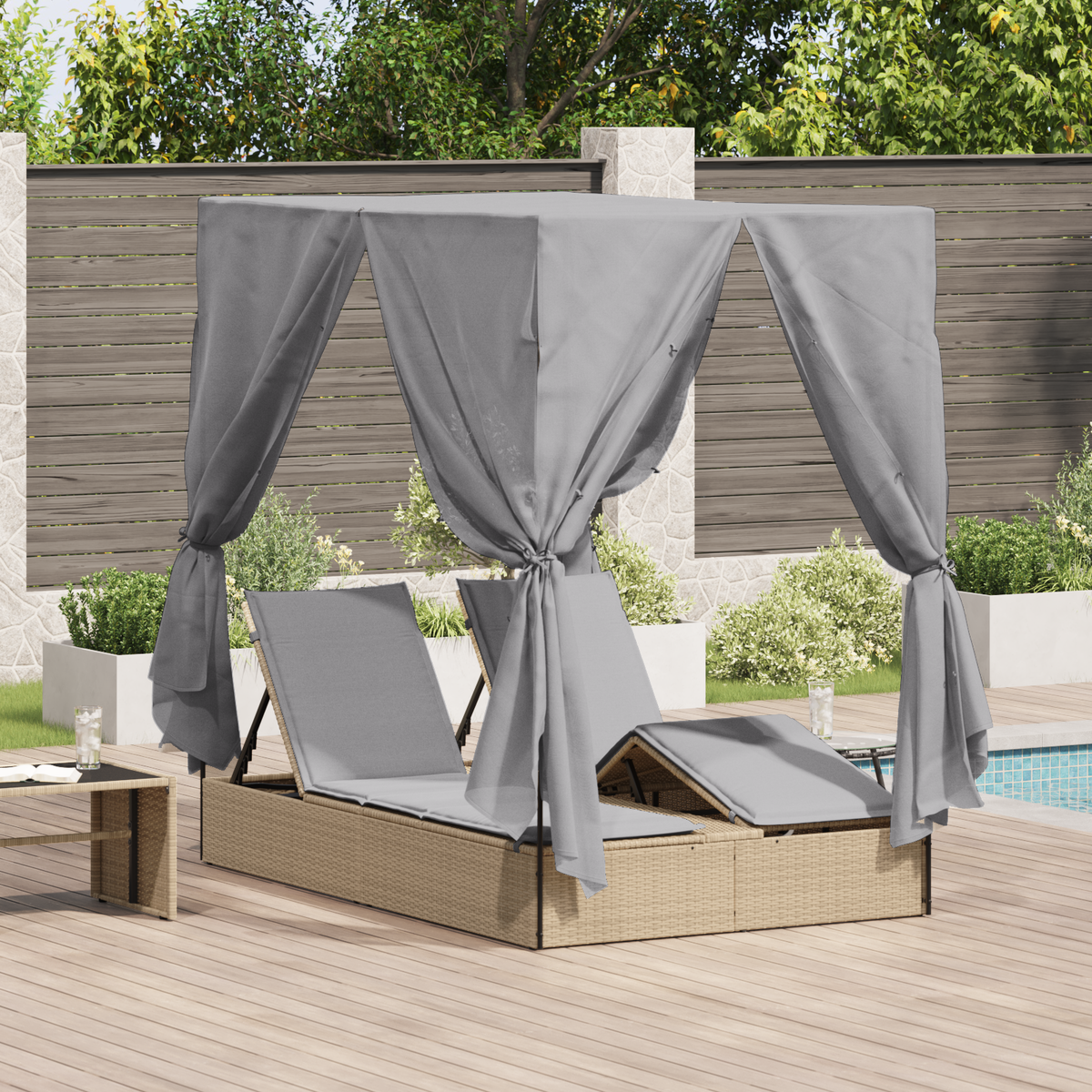 Dubbel Solsäng Set om 2 Beige och ljusgrå Poly Rattan
